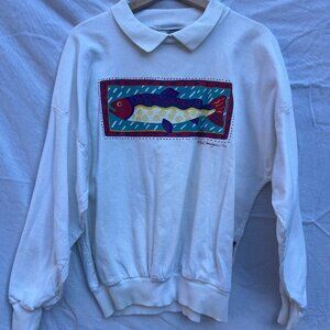 Vintage Cottontops Fish raglan sweatshirt with white collar size S pullover